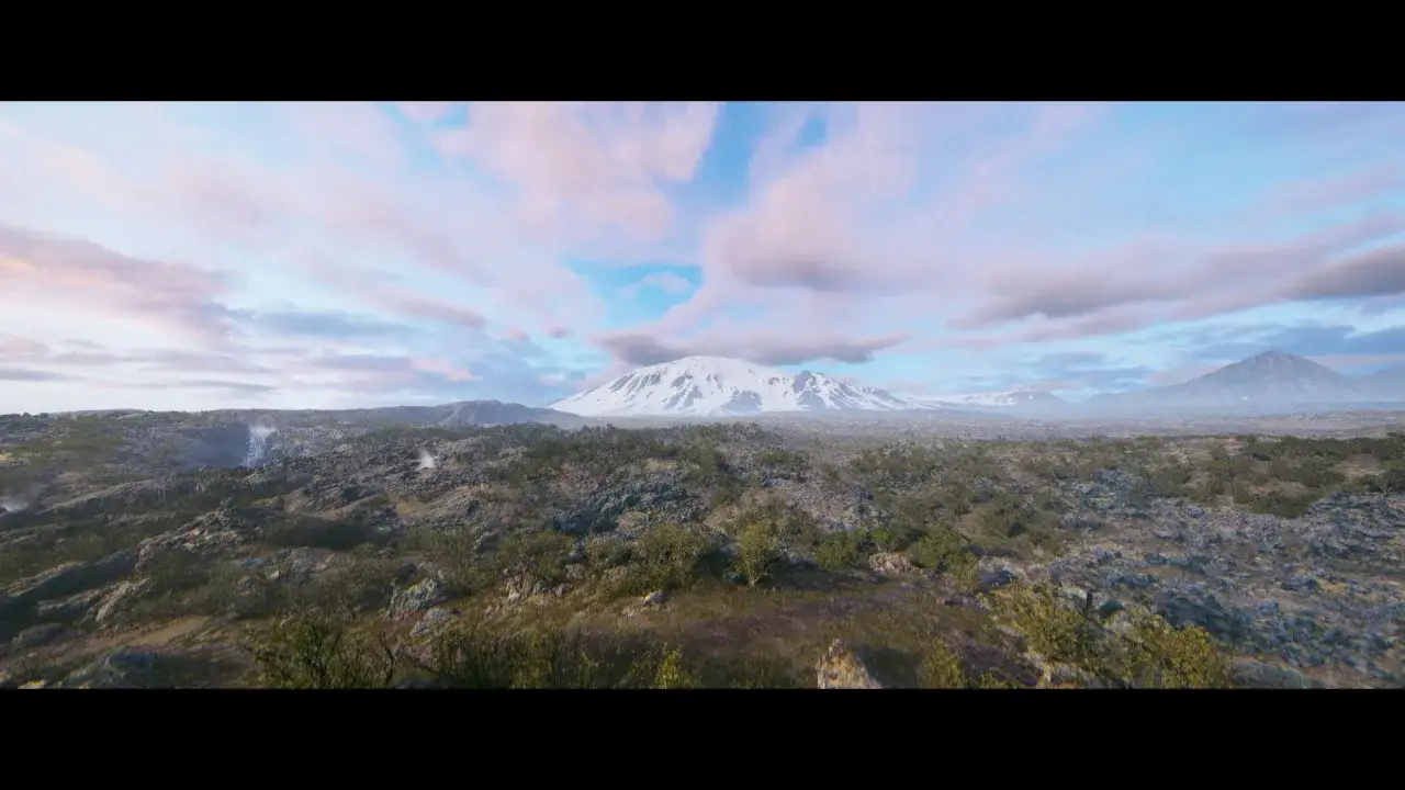 Paisaje rocoso y desolado con un volcán nevado al fondo, evocando la atmósfera de Hellblade 2.