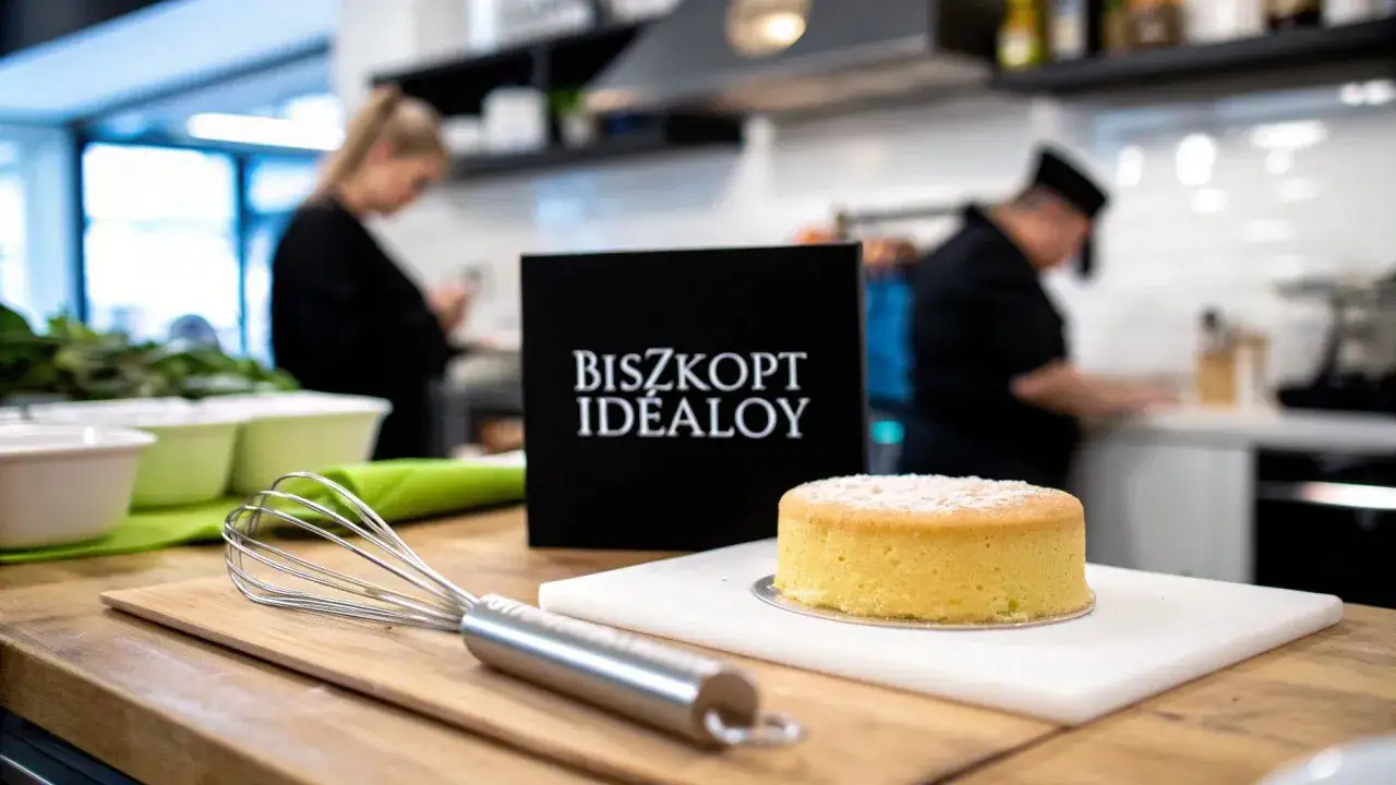 Idealny biszkopt do tortu, gotowy do dekoracji. Obok trzepaczka i czarne pudełko z napisem 