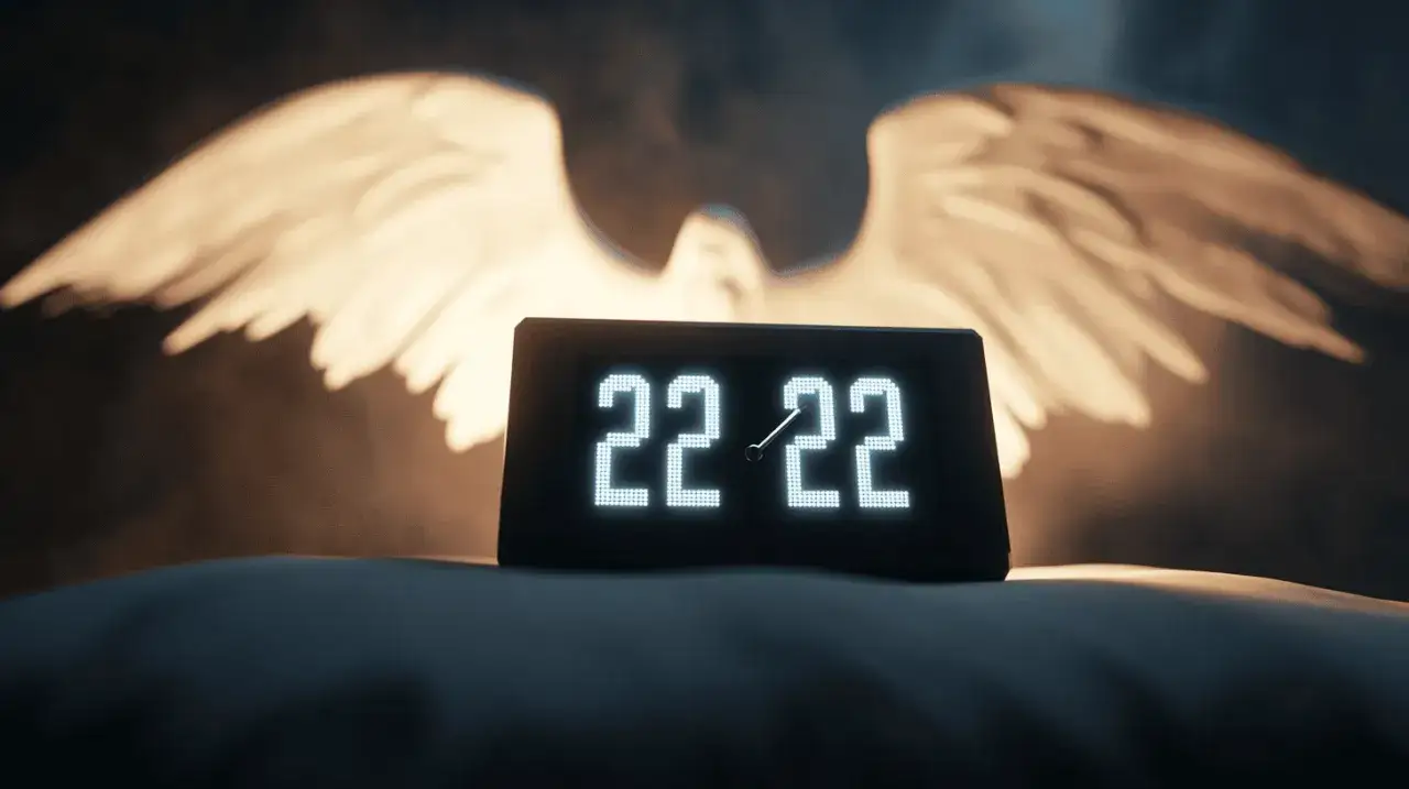 Zegar pokazuje 22:22, a za nim unoszą się świetliste skrzydła anioła. To znak, że czas na refleksję i wsłuchanie się w siebie.