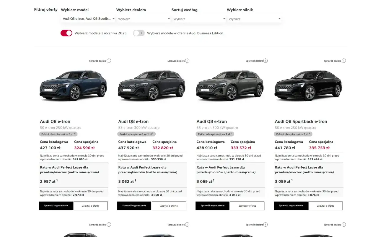 Audi Q8 e-tron i Sportback e-tron w różnych wersjach silnikowych. Sprawdź aktualną audi q8 cena i raty leasingowe dla firm.