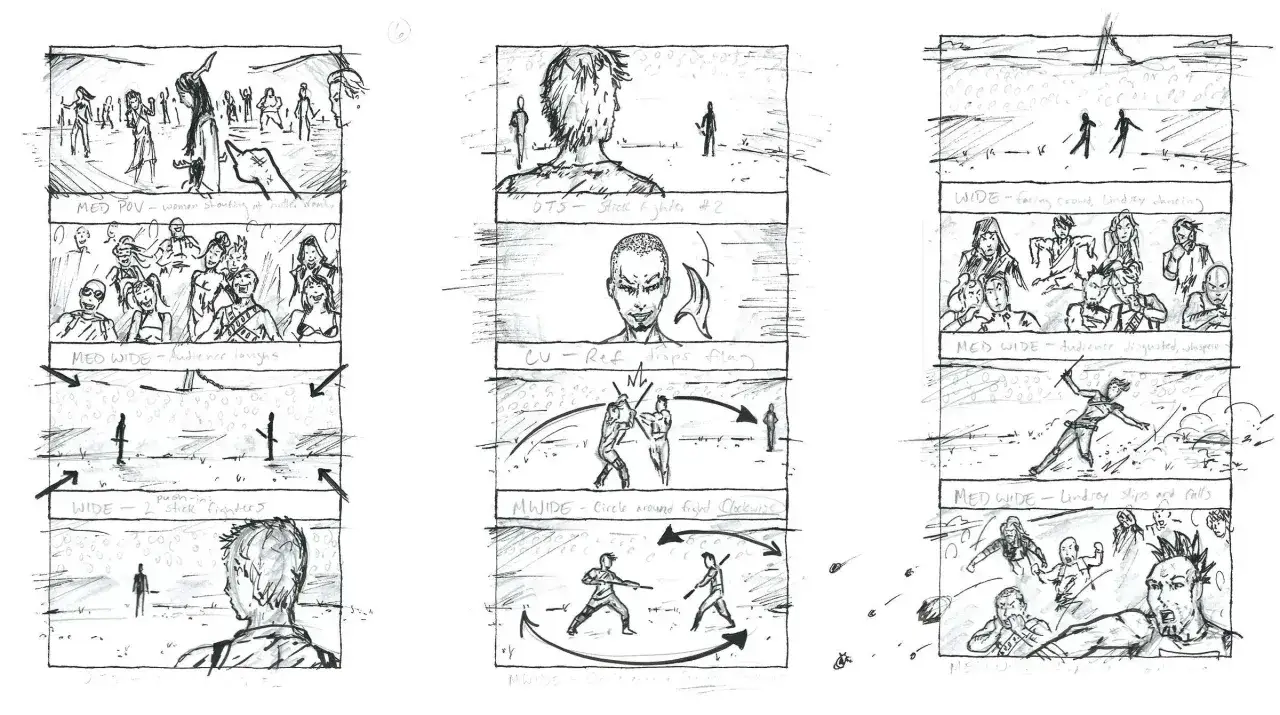 Storyboard, jak zrobic komiks: scena z widownią, walka na kije, zbliżenie na twarz.