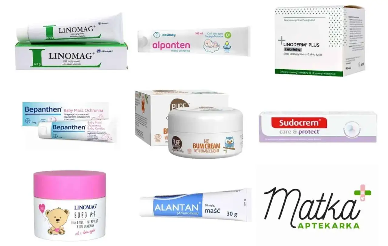 Linomag krem czy maść? Na zdjęciu produkty do pielęgnacji niemowląt: Linomag, Bepanthen, Alantan, Sudocrem, Linoderm Plus, Alpanten, Pure Baby Bum Cream.