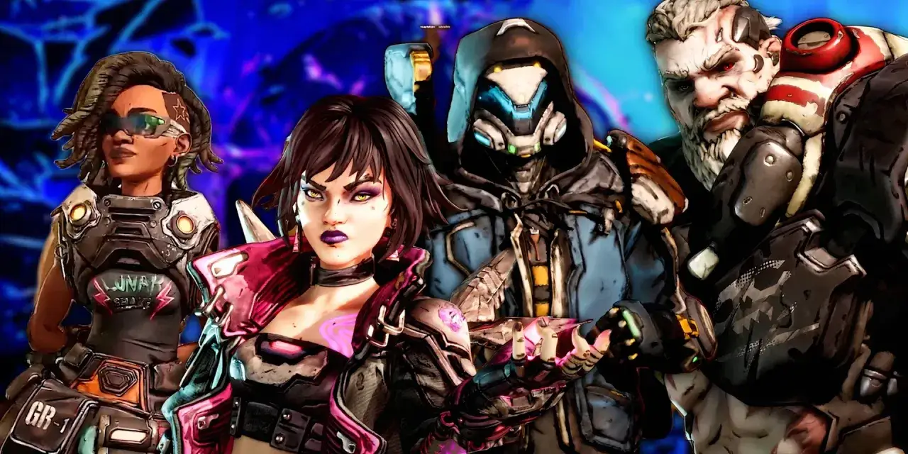 Cztery postacie z Borderlands 4: kobieta w okularach, dziewczyna z fioletowymi ustami, tajemniczy mężczyzna w kapturze i groźny wojownik z zarostem.