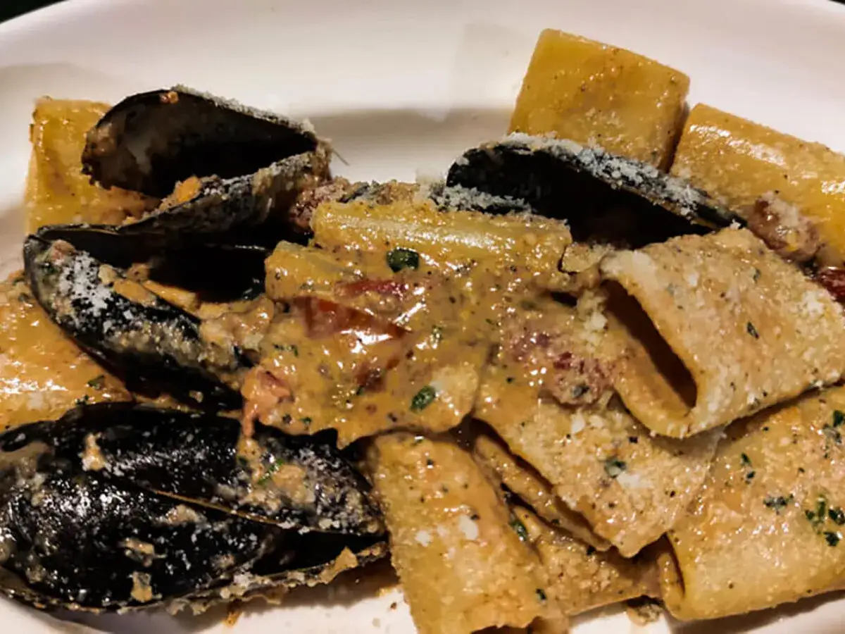 Paccheri con cozze e pecorino, un piatto cremoso e saporito, con cozze fresche e una spolverata di formaggio.