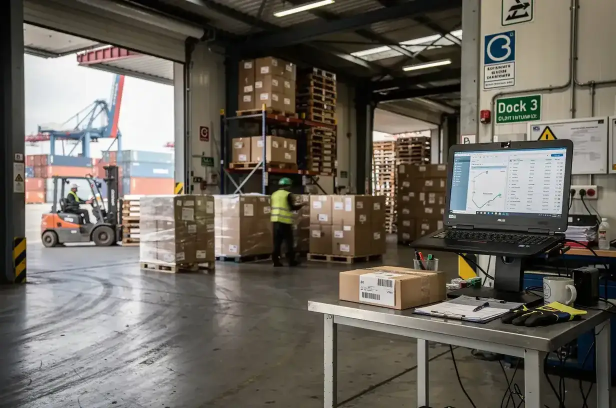 Praca w magazynie w Rotterdamie. Wózek widłowy przewozi palety, pracownik w kamizelce odblaskowej nadzoruje proces. Na biurku laptop z danymi.