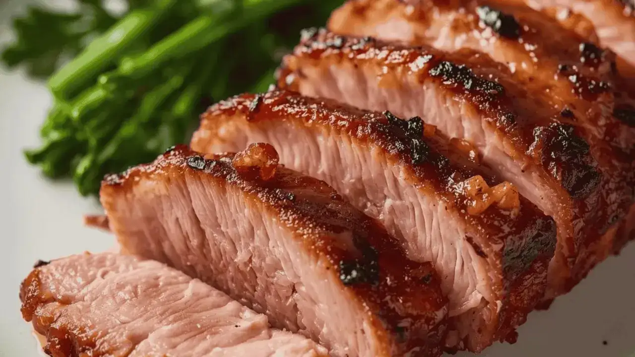 Tranches de magret de canard grill&eacute;, juteux et caram&eacute;lis&eacute;s, accompagn&eacute;es d'une garniture verte.