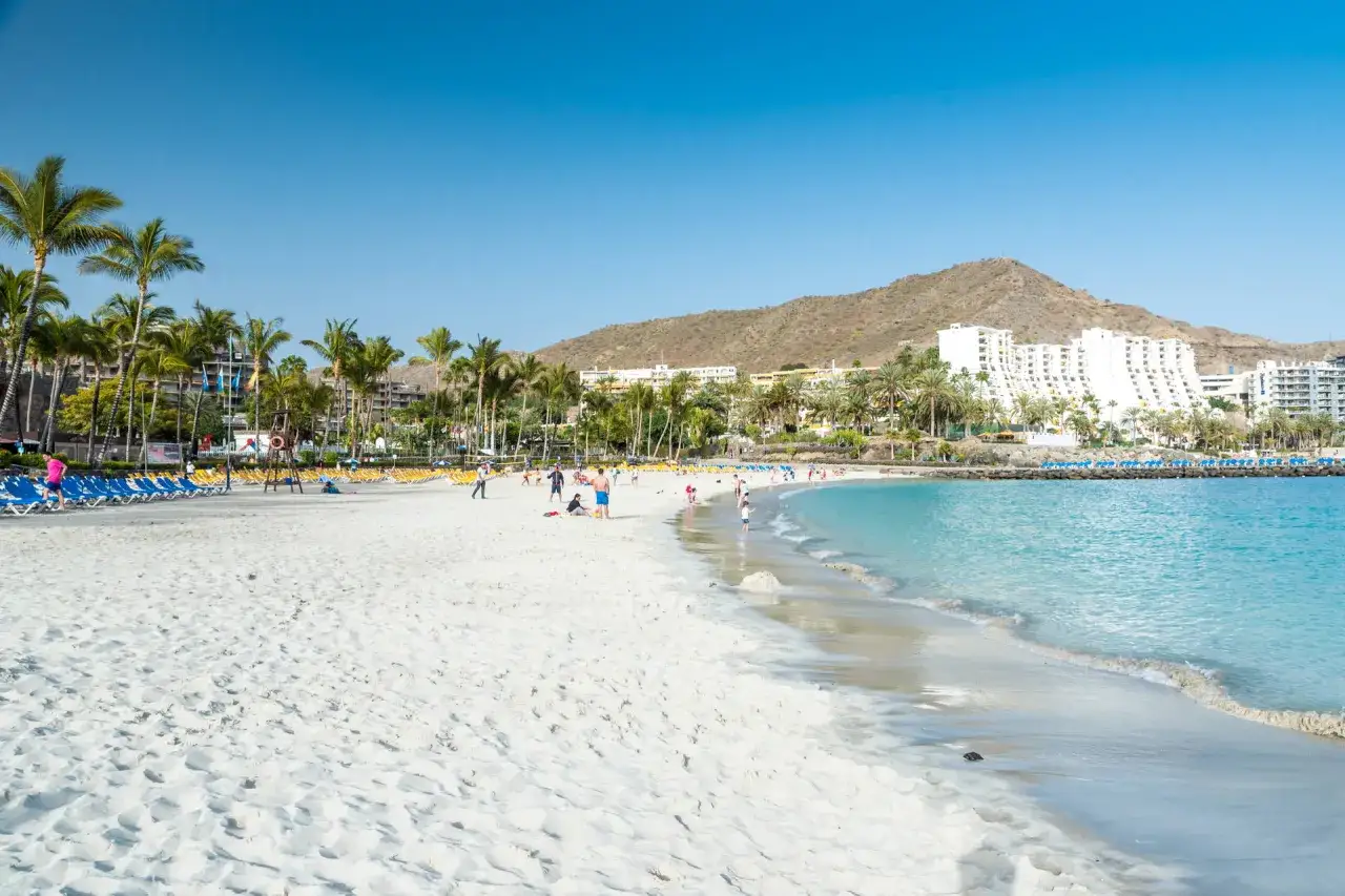 Gran Canaria marzec pogoda: słoneczny dzień na plaży z palmami, turkusową wodą i ludźmi odpoczywającymi na piasku.
