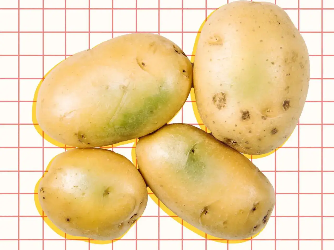 Cztery ziemniaki na tle kratki. Czy kot może jeść ziemniaki? Ziemniaki są bezpieczne dla kotów w małych ilościach, ale nie są dla nich naturalnym pokarmem.