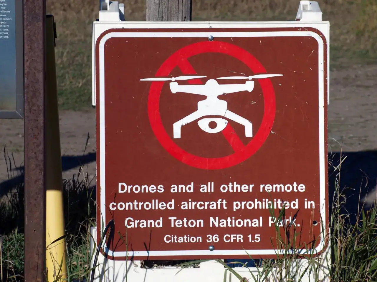 Sign in Grand Teton National Park prohibits drones, similar to Montana drone laws.
