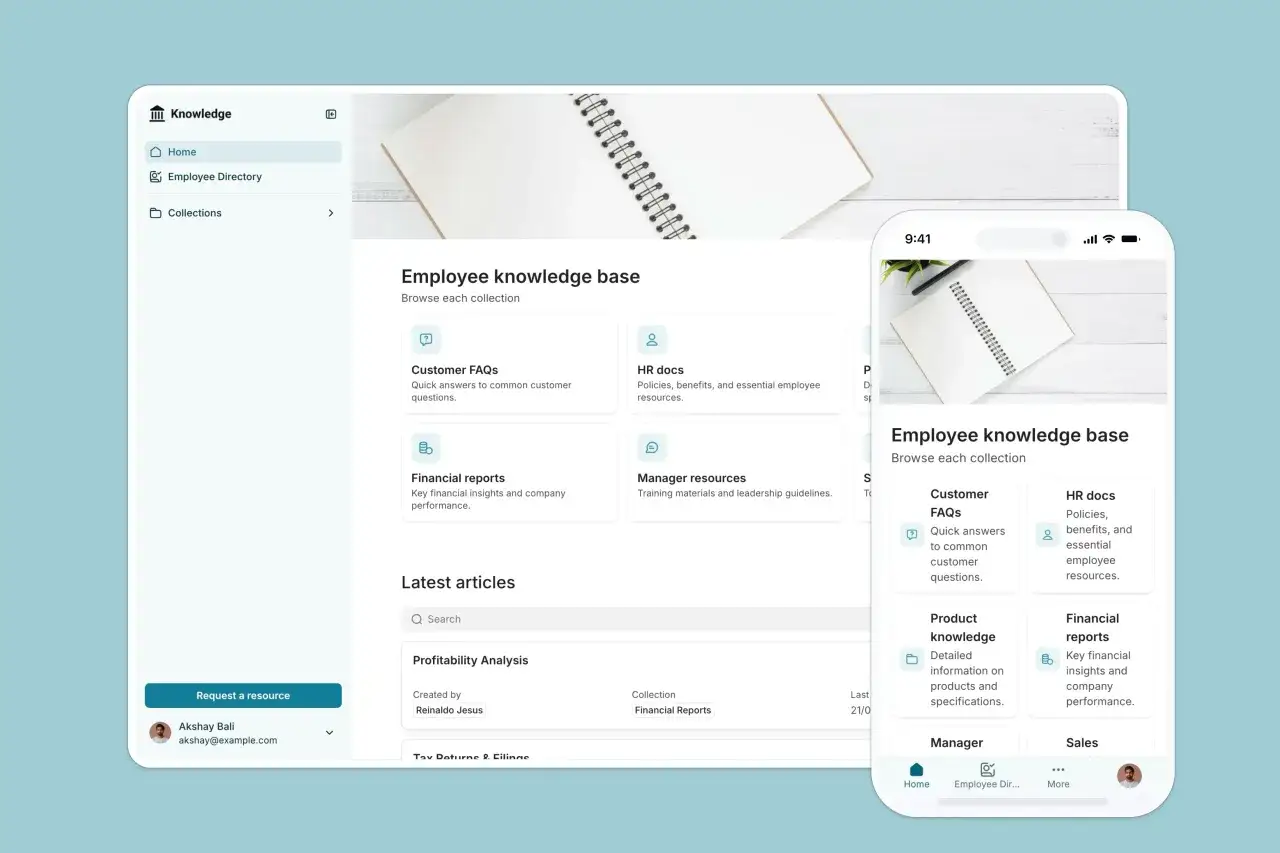 Interfejs aplikacji do zarządzania wiedzą, prezentujący bazy wiedzy dla pracownik&oacute;w, takie jak FAQ, HR docs i raporty finansowe.