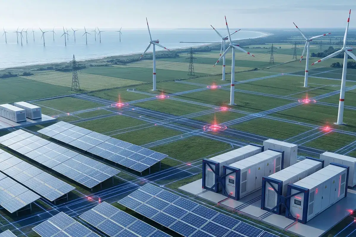 Farmy wiatrowe i panele słoneczne połączone z magazynami energii. Wizualizacja przyszłości energetyki, kiedy wejdzie w życie ustawa o OZE.