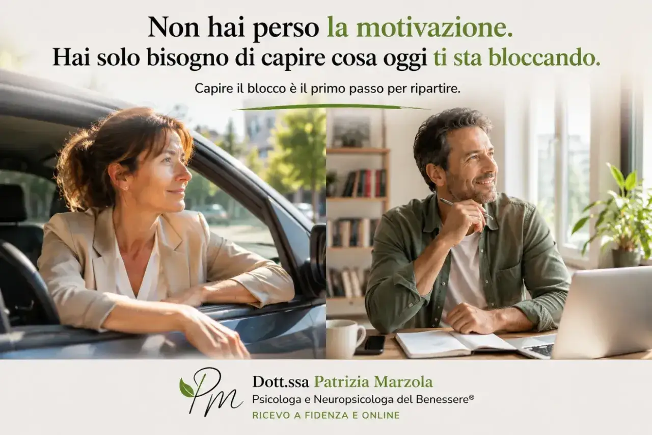 Donna in auto e uomo alla scrivania pensano a cosa fare quando non si ha voglia di fare niente. Capire il blocco &egrave; il primo passo.