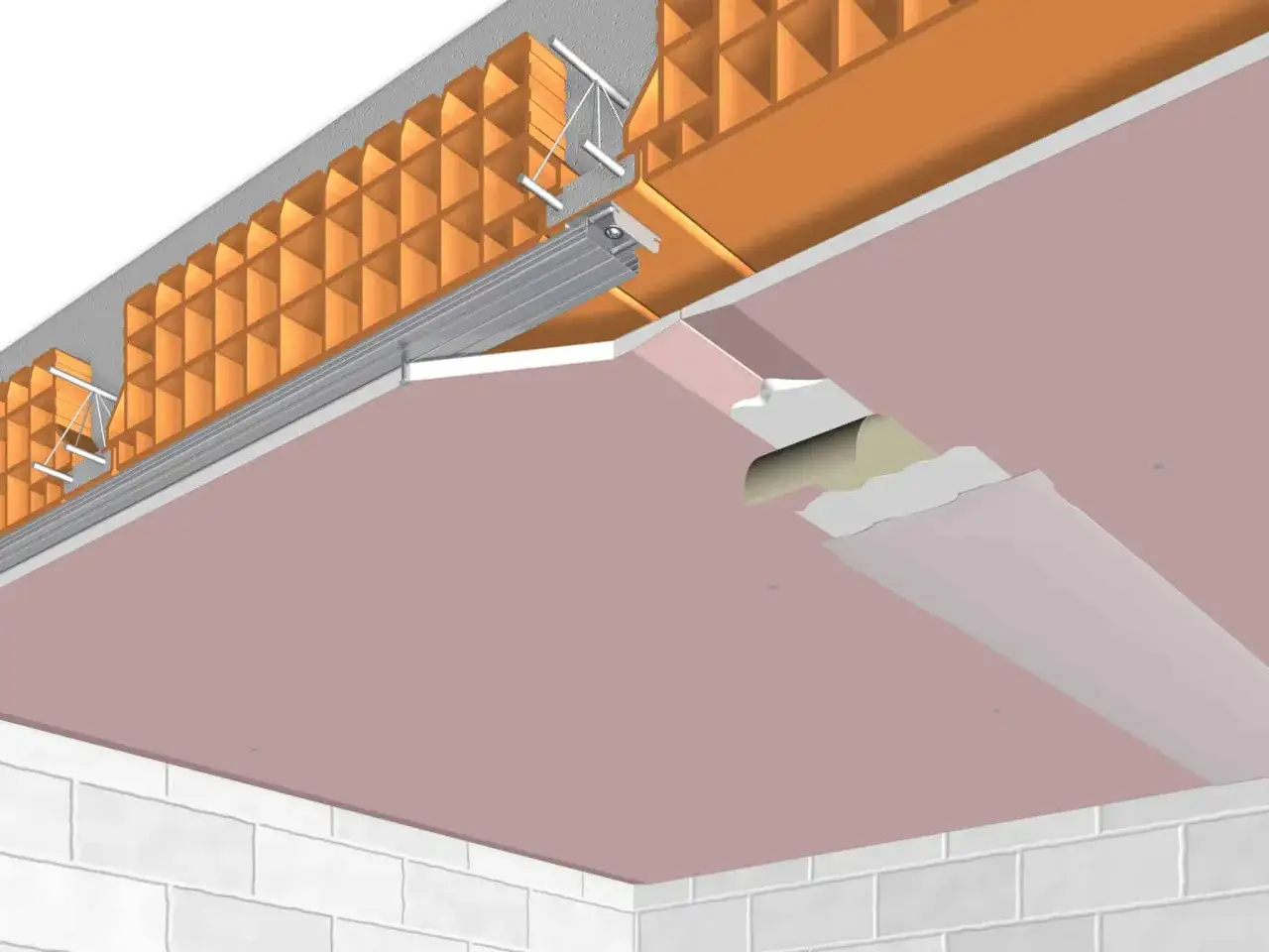 Dettaglio costruttivo di un controsoffitto in cartongesso, con isolante e struttura metallica. Si osserva il **spessore minimo cartongesso soffitto** per un'installazione ottimale.
