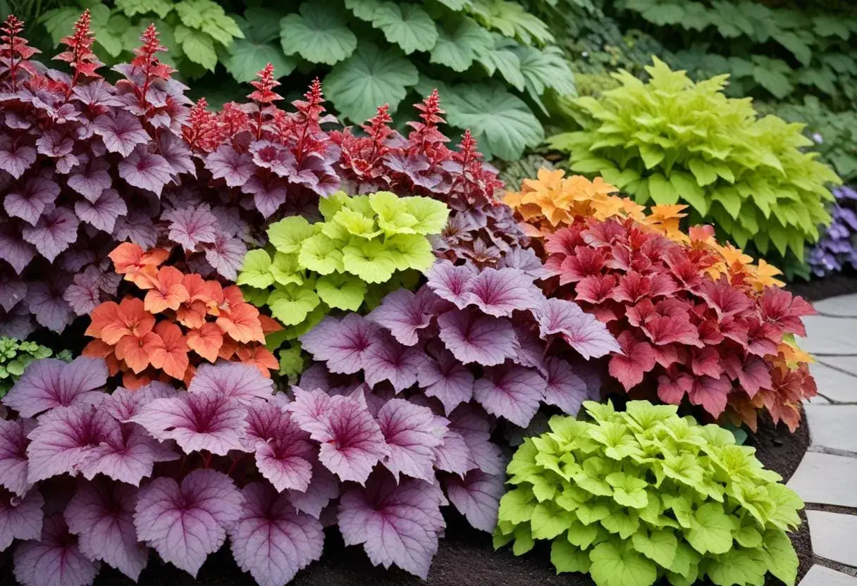 En rabatt med olika alunrot sorter i nyanser av lila, orange, r&ouml;tt och limegr&ouml;nt.