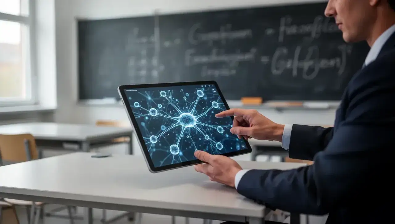 Lehrer erklärt mit Tablet die Funktionsweise von Neuronen, die wie ein Netzwerk für die genz-basierte Forschung sind.