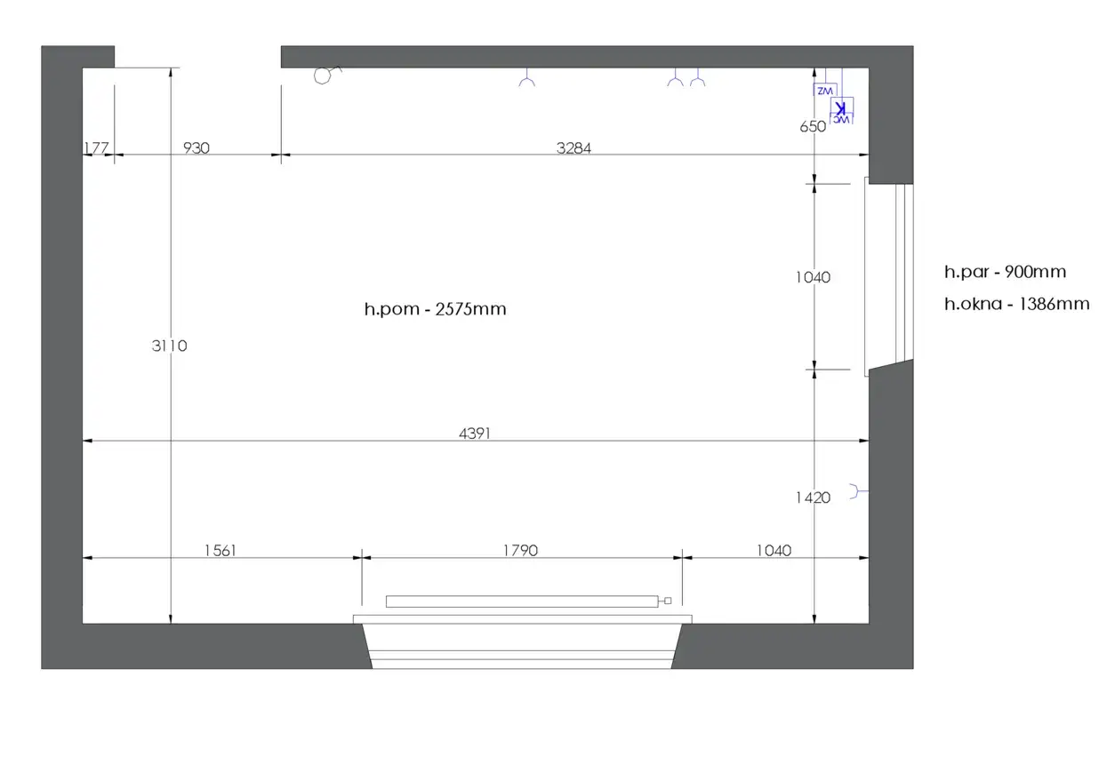 Plan pokoju z wymiarami. Aby obliczyć metry kwadratowe pokoju, pomn&oacute;ż długość przez szerokość. Długość: 4391mm, szerokość: 3110mm.