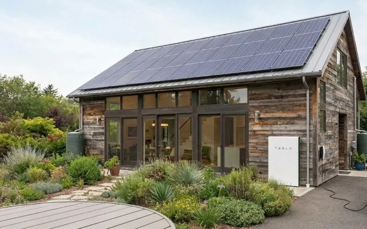 Casa green 2030 con pannelli solari sul tetto, giardino rigoglioso e sistema di accumulo Tesla.