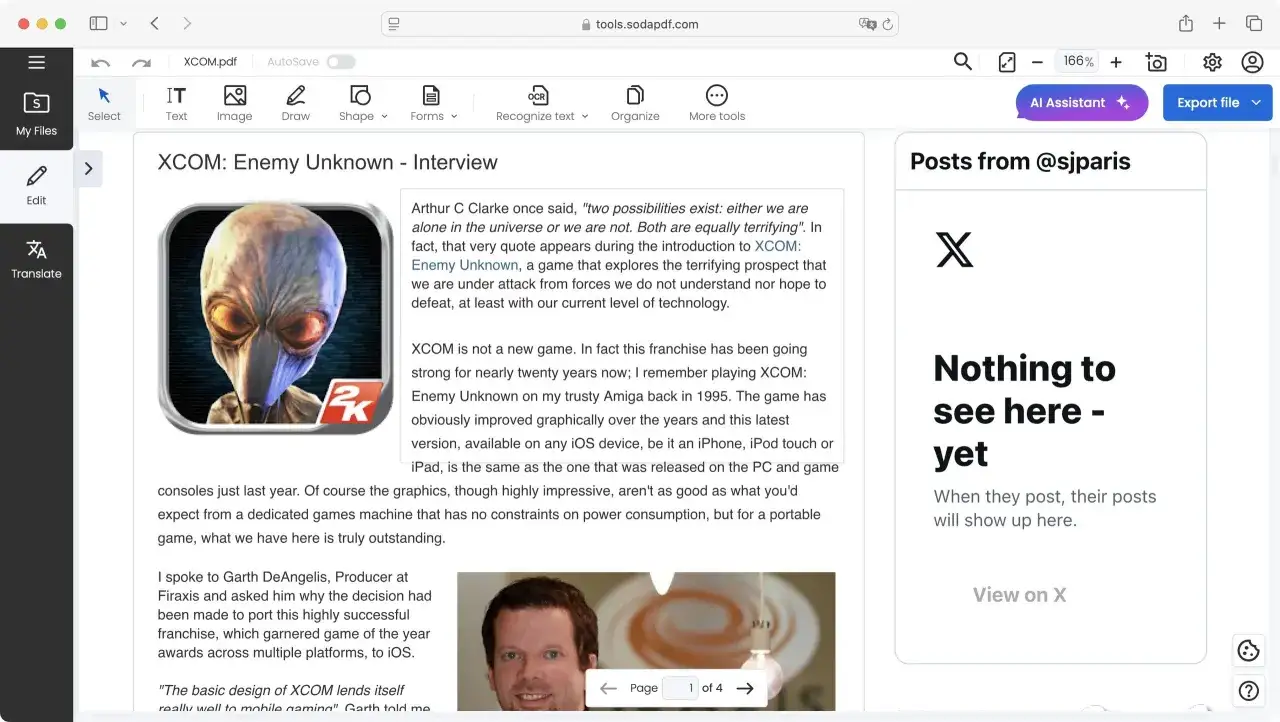 Otwarty w przeglądarce czytnik PDF z artykułem o grze XCOM: Enemy Unknown. Widoczny interfejs edycji dokumentu.