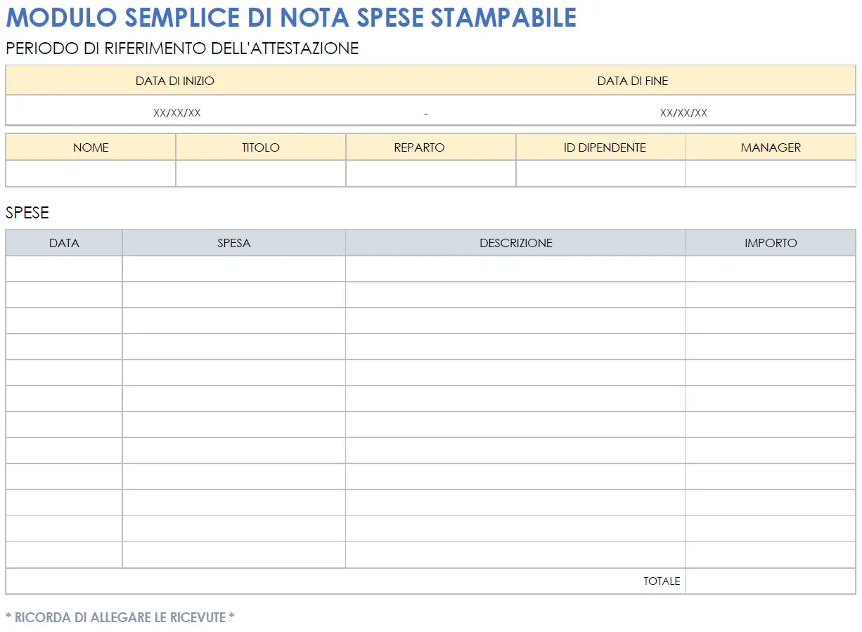 Modulo per la richiesta di rimborso spese, con campi per data, descrizione e importo.