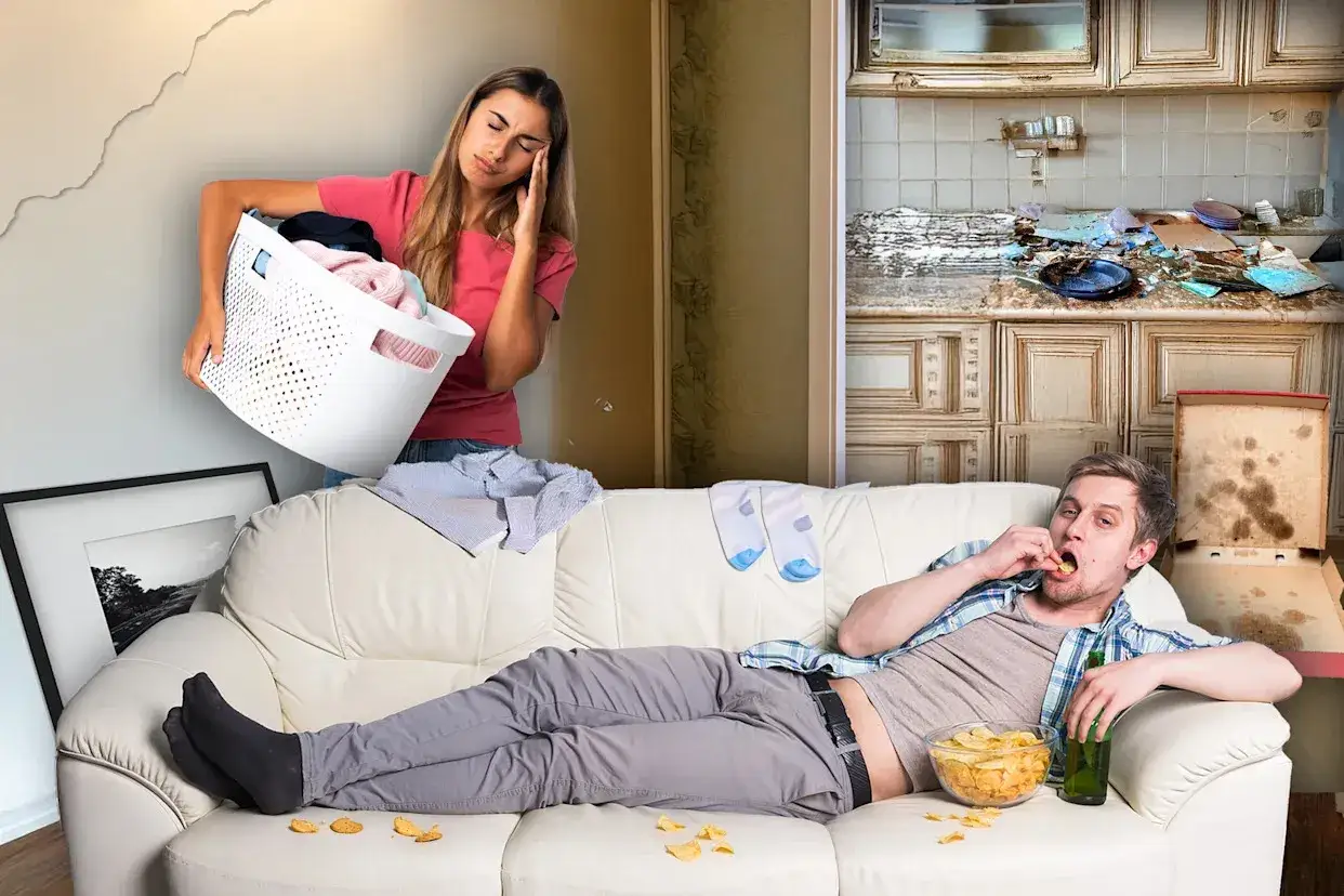 Donna esausta con cesto di panni, mentre un uomo è sdraiato sul divano, intento a mangiare patatine. La cucina sullo sfondo è in disordine.