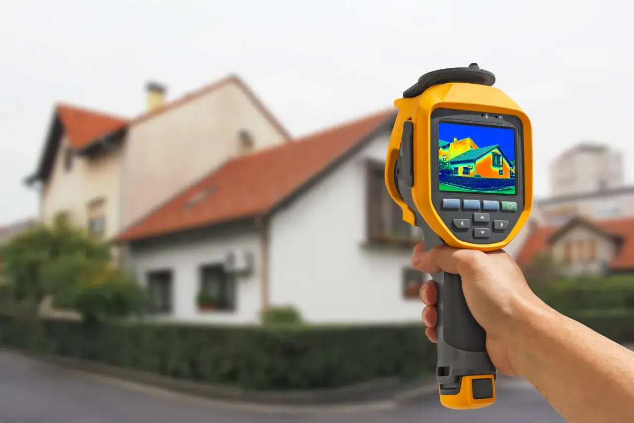 Une caméra thermique analyse l'énergie dans l'habitat, révélant les points chauds et froids d'une maison pour optimiser son isolation.