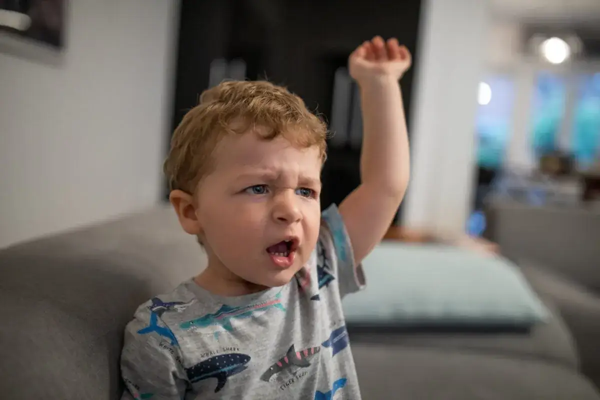 Niño de 4 años con cara de enfado y brazo levantado. A veces mi hijo de 4 años no obedece y pega.