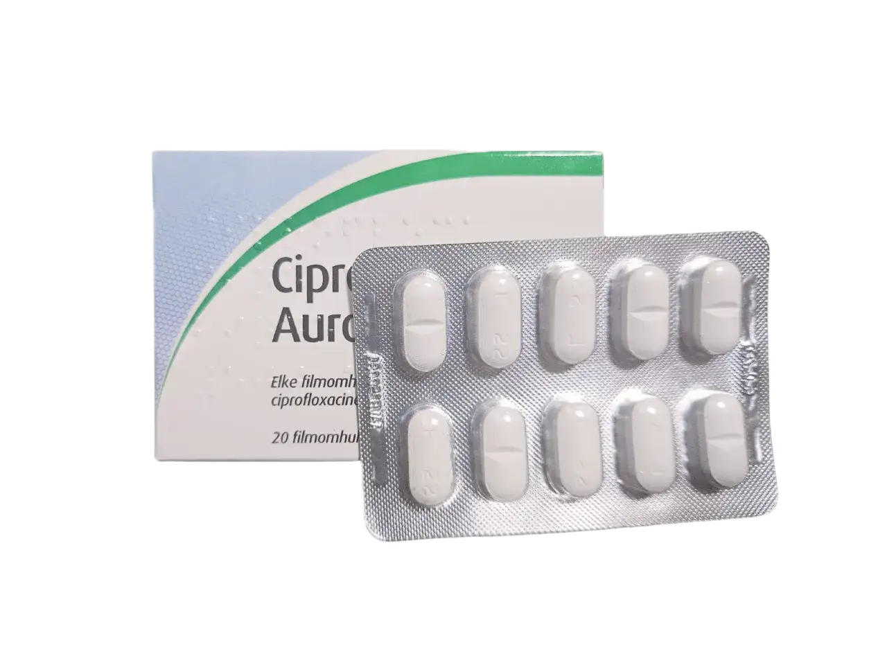 En kartong med Ciprofloxacin Aurobindo och en blisterförpackning med vita tabletter.