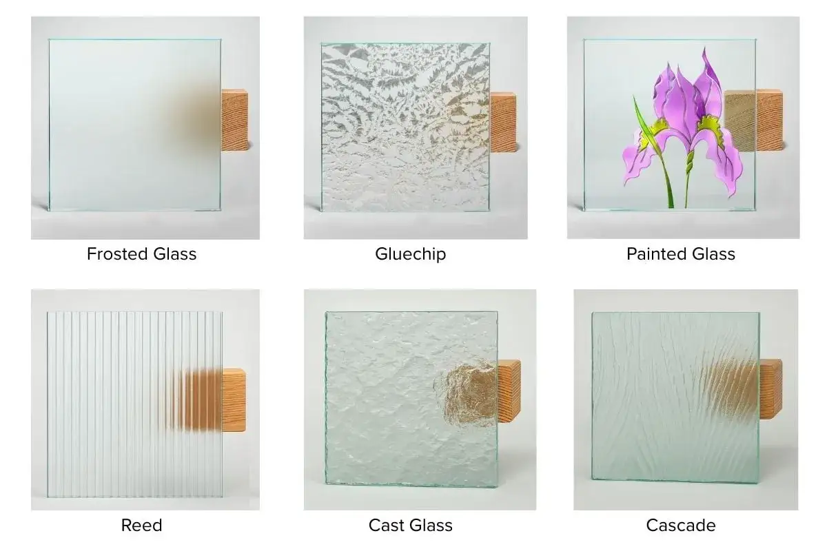 Seis muestras de cristales transl&uacute;cidos para ventanas: esmerilado, gluechip, pintado con iris, acanalado, fundido y cascada.