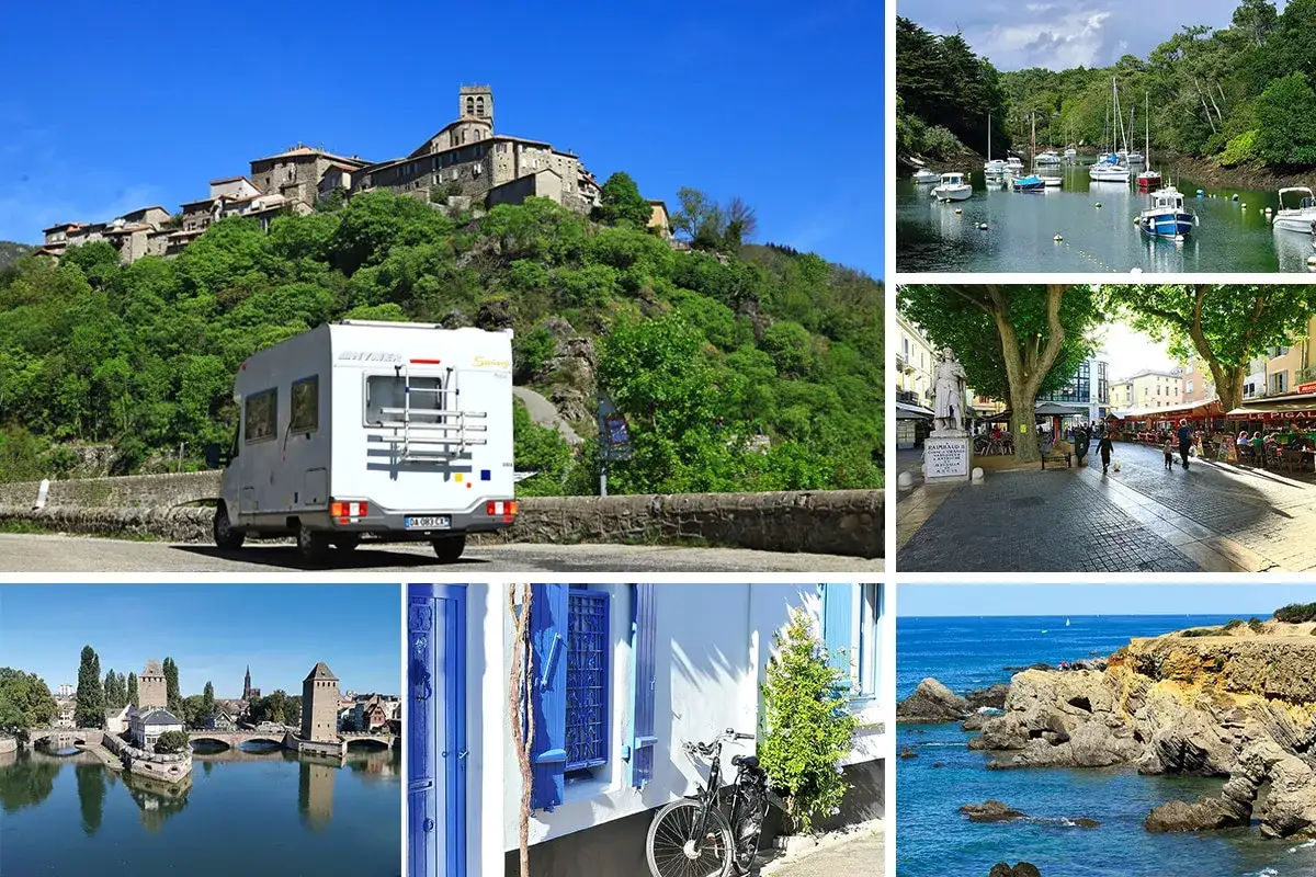Un camping-car blanc stationné devant un village perché, évoquant un voyage pittoresque dans le sud de la France.