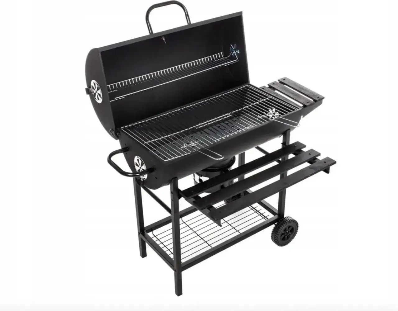 grill z beczki z drewnianymi półkami i termometrem