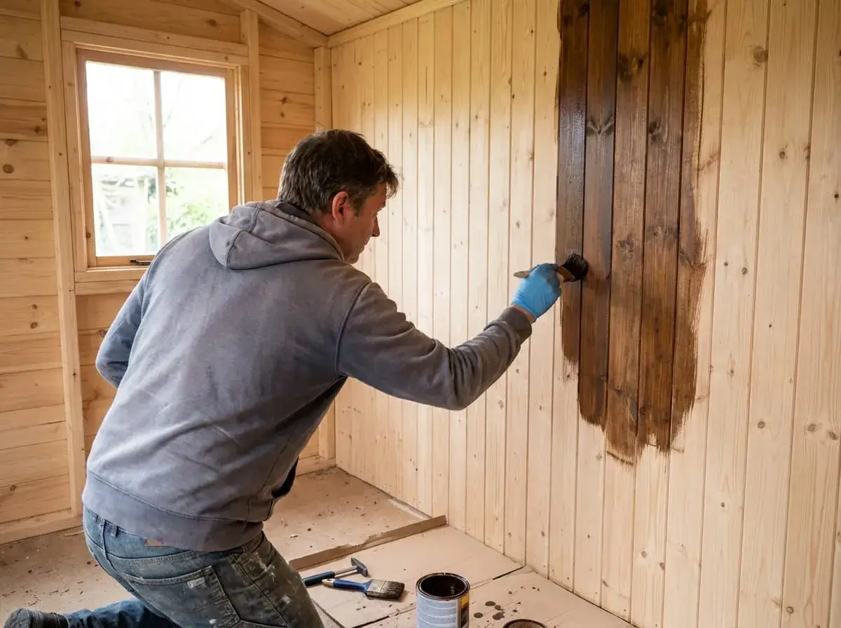 Un homme lasure l'intérieur d'un abri de jardin en bois. Il applique un produit protecteur sur les lamelles verticales.