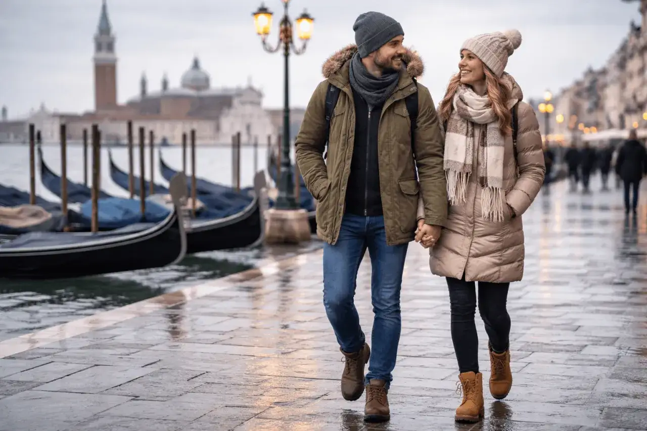 Coppia passeggia a Venezia, con gondole sullo sfondo. Perfetto esempio di come vestirsi a Venezia in inverno: cappotti caldi, sciarpe e berretti.