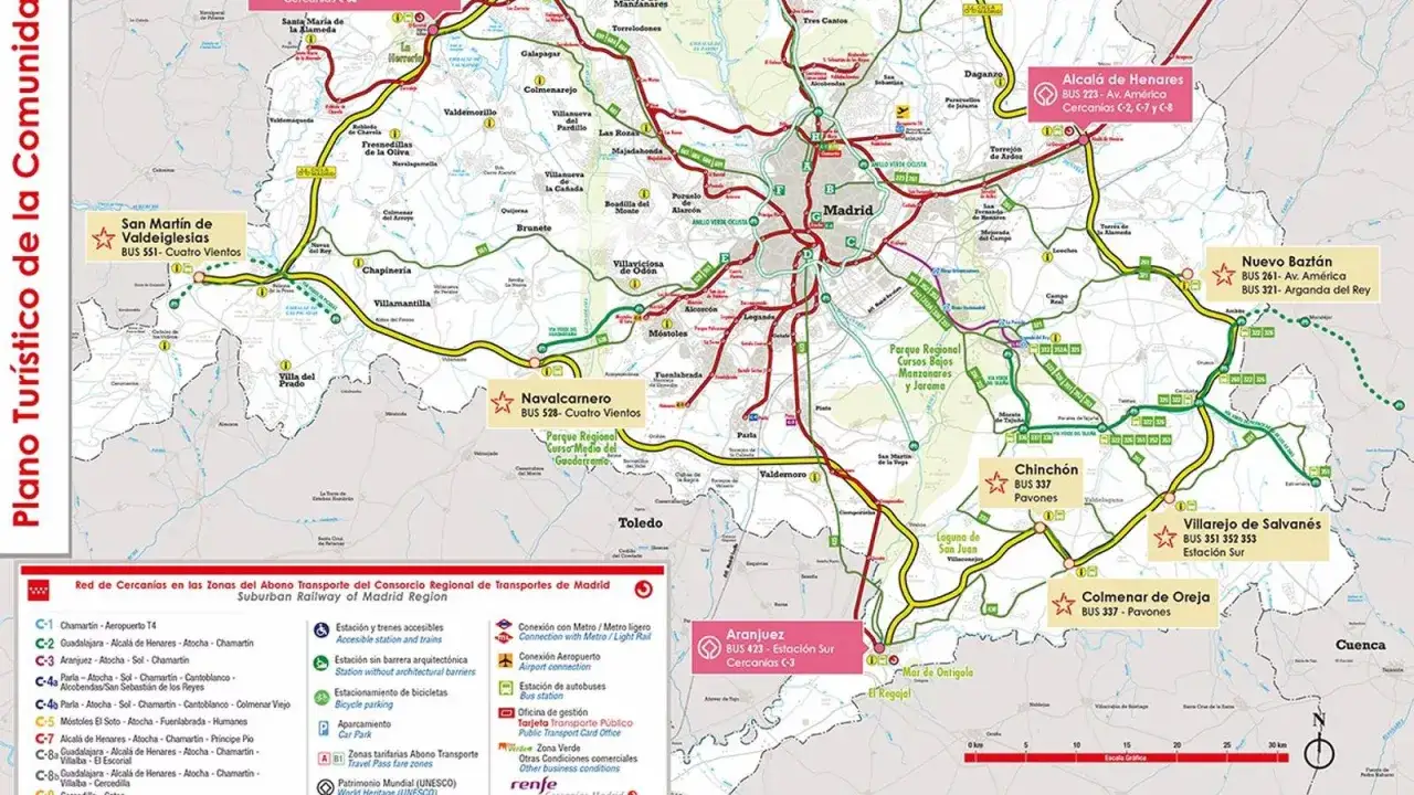 Mapa de transporte público de Madrid y alrededores. Ideal para saber como viajar barato por España usando trenes y autobuses.