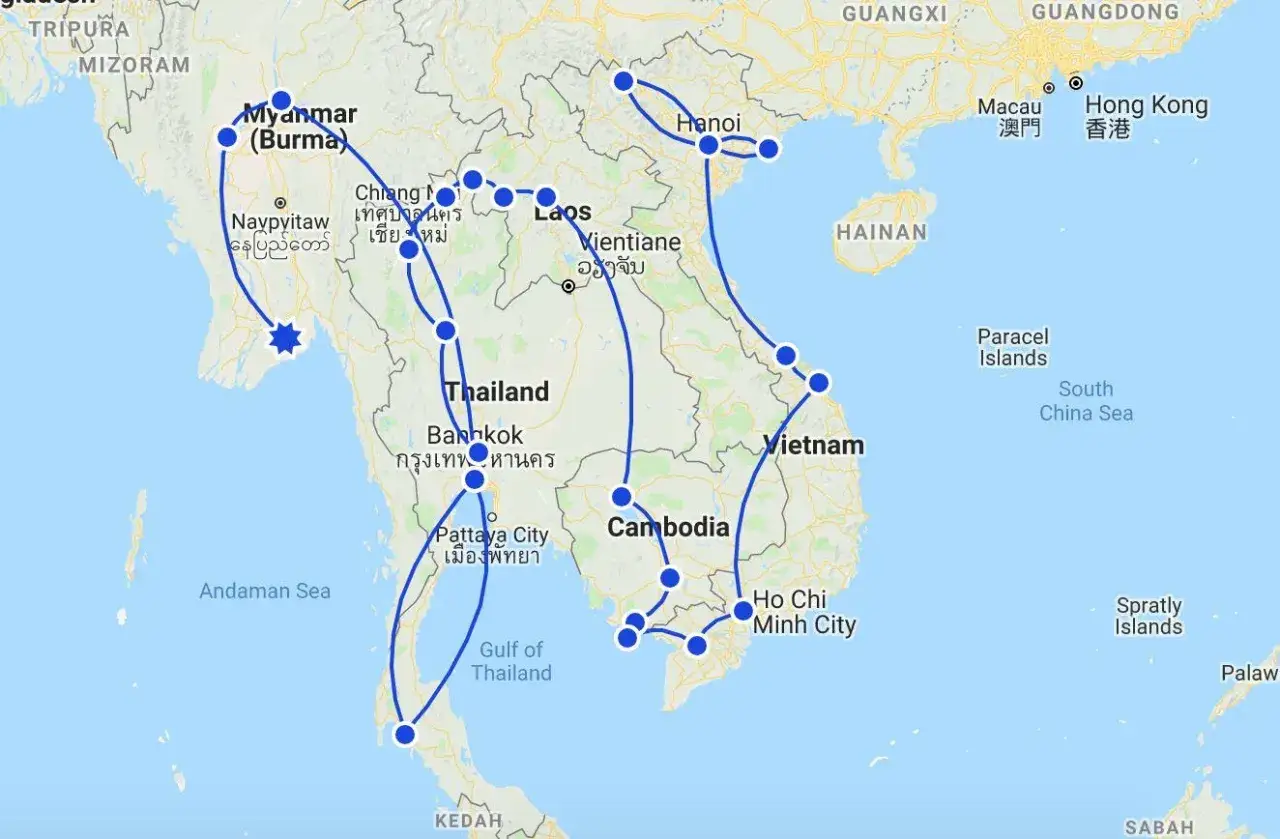 Mapa pokazuje trasę podróży przez Tajlandię, Laos, Wietnam i Kambodżę.