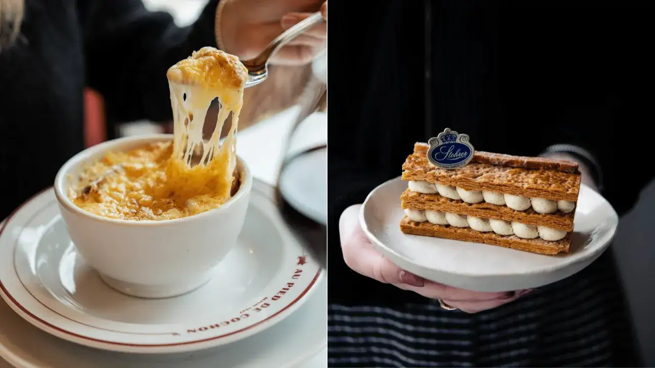 Délicieuse soupe à l'oignon gratinée et millefeuille Stohrer, deux incontournables pour savoir quoi manger à Paris.