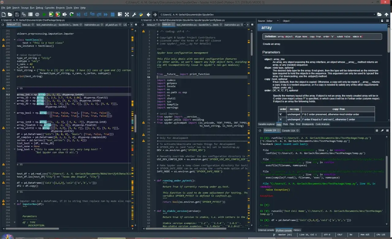 Python-Code in Spyder IDE: Arrays, DataFrames und Klassen werden mit der Python-Programmiersprache erstellt und bearbeitet.