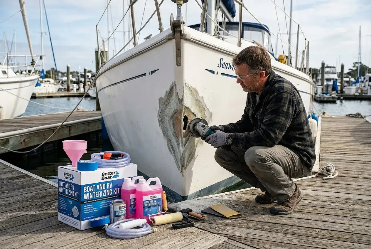 Un homme répare la coque en fibre de verre d'un bateau avec une meuleuse. Un kit de réparation est à proximité.