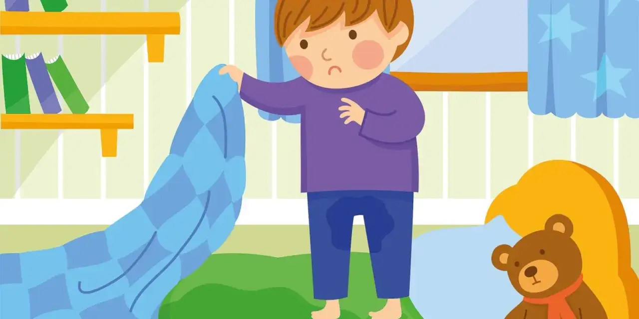Bambino triste con macchia sui pantaloni, coperta blu e orsacchiotto. Un'immagine che illustra l'enuresi notturna.
