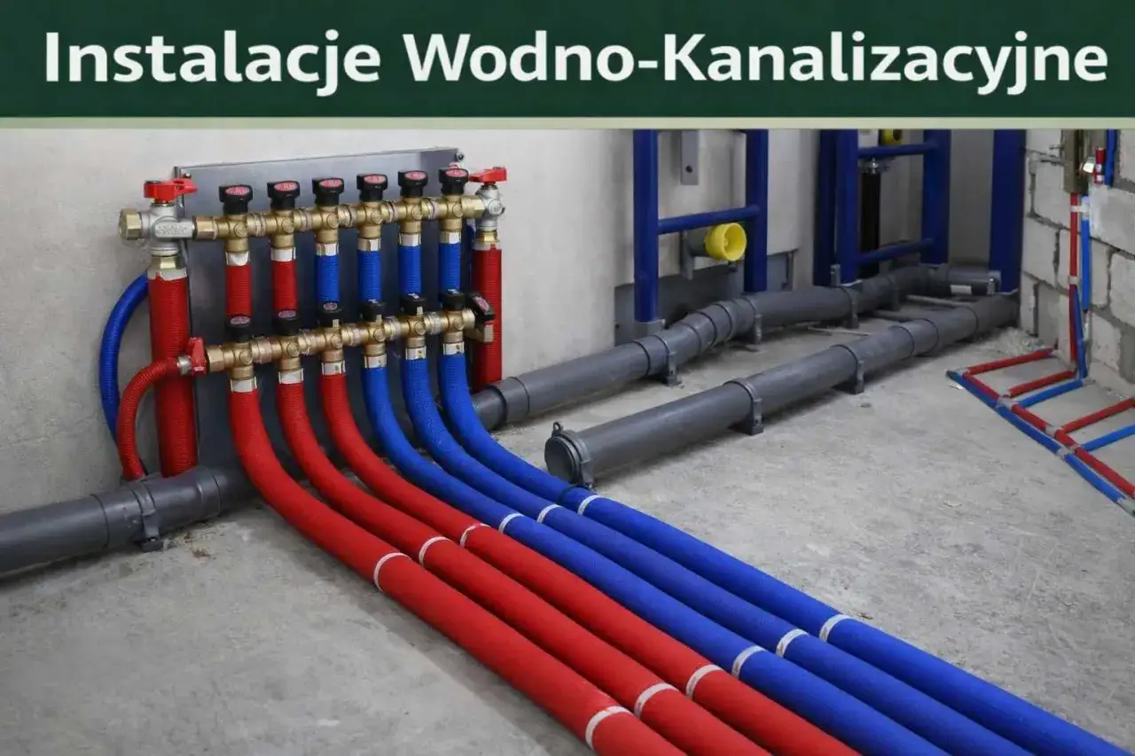 Instalacje wodno-kanalizacyjne w domu: miedziany rozdzielacz z czerwonymi i niebieskimi rurami, szare rury kanalizacyjne.