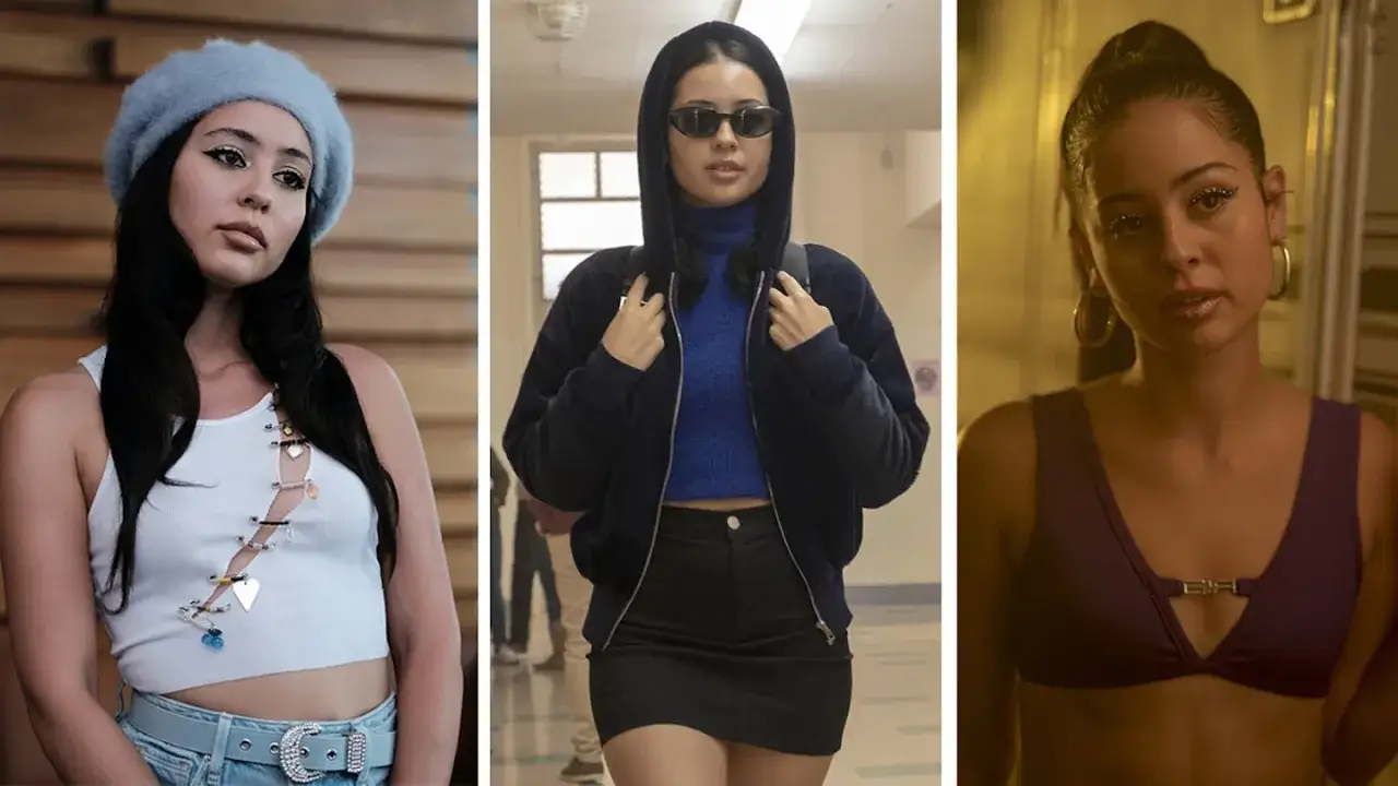 Maddy från Euphoria i tre olika stilar: med ljusblå basker, i mörkblå hoodie och med lila bikini.