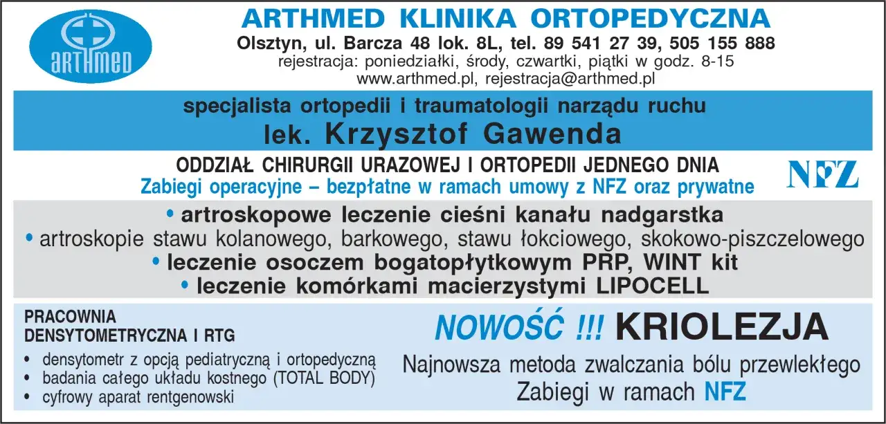Logo ARTHMED, dane kontaktowe kliniki, lista zabiegów ortopedycznych i urazowych, informacja o kriolezji.