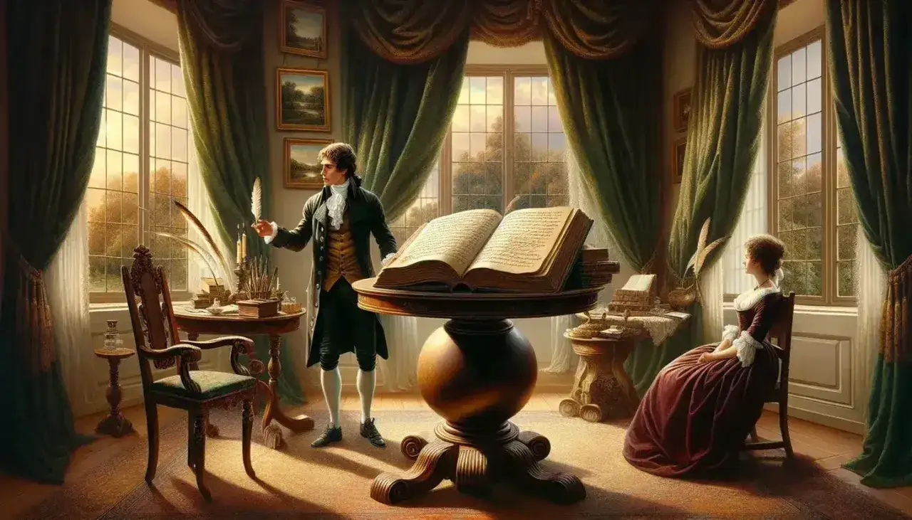 Un uomo e una donna in abiti d'epoca, immersi in un'atmosfera che evoca lo Sturm und Drang, studiano un grande libro aperto.