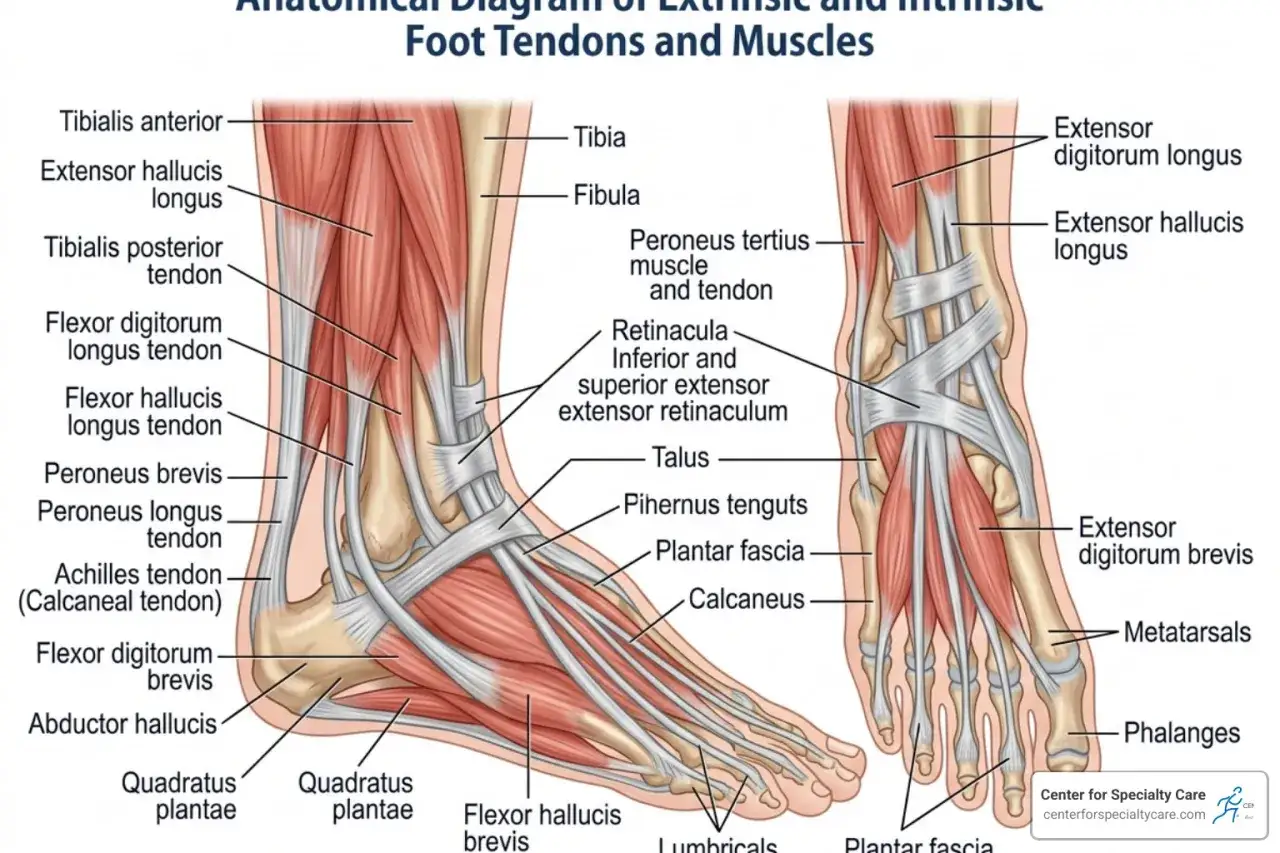Diagramma anatomico dei tendini e muscoli del piede. Utile per capire la **tendinite dorso piede**.