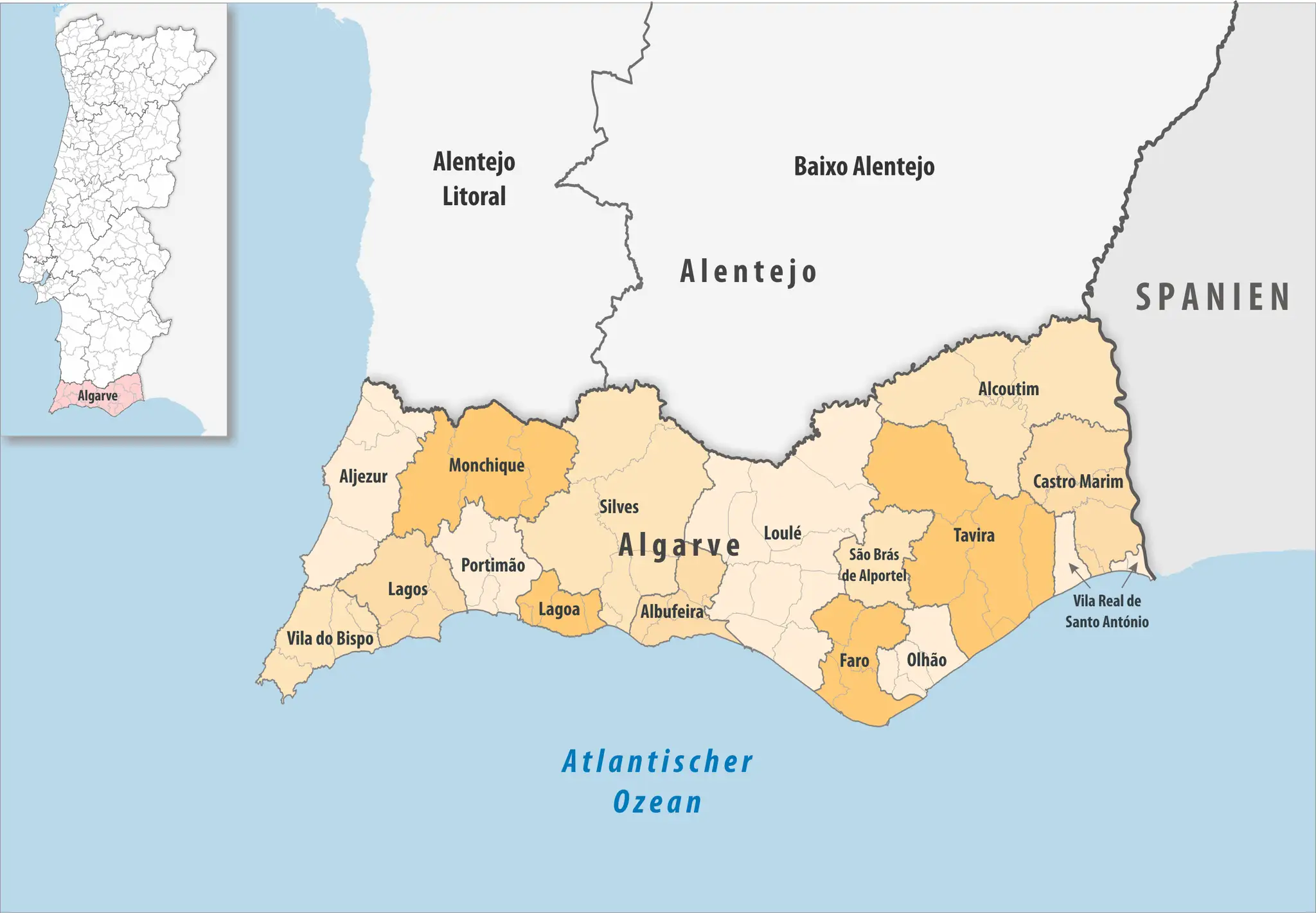 Karte von Portugal: Algarve liegt im S&uuml;den, grenzt an Spanien und den Atlantischen Ozean. Albufeira ist an der K&uuml;ste zu finden.