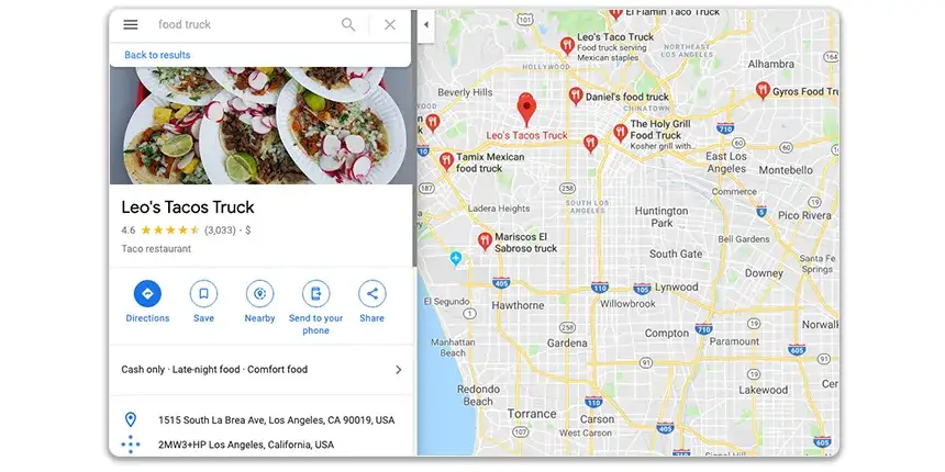 Mapa Google z zaznaczonymi firmami cateringowymi w okolicy