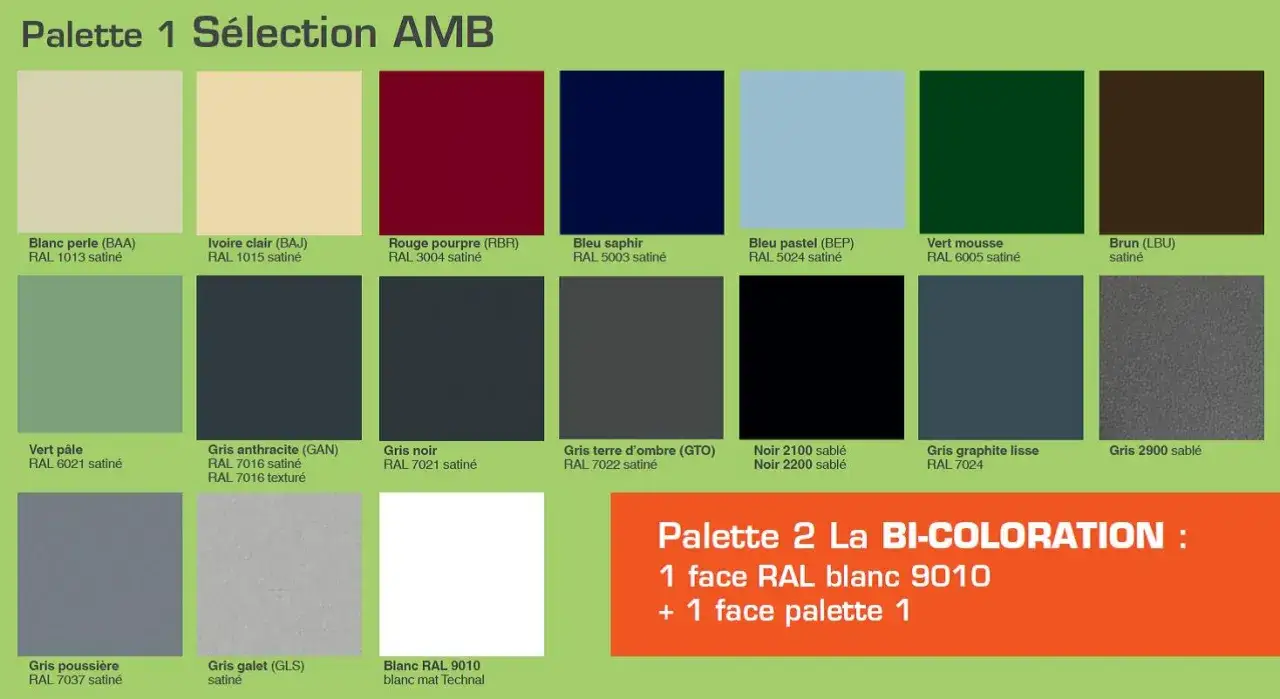 Palette de couleurs pour fenêtre alu : du blanc perle au gris anthracite, en passant par le bleu saphir et le vert mousse.