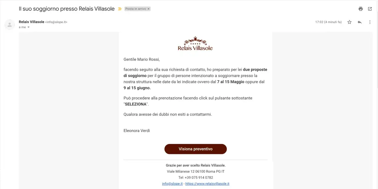 Email da Relais Villasole con due proposte di soggiorno, cos'è un preventivo. Clicca