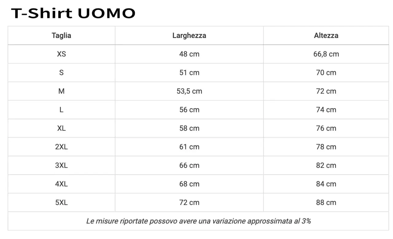 Tabella taglie T-Shirt UOMO: taglia 3XL corrisponde a un uomo con larghezza 66 cm e altezza 82 cm.