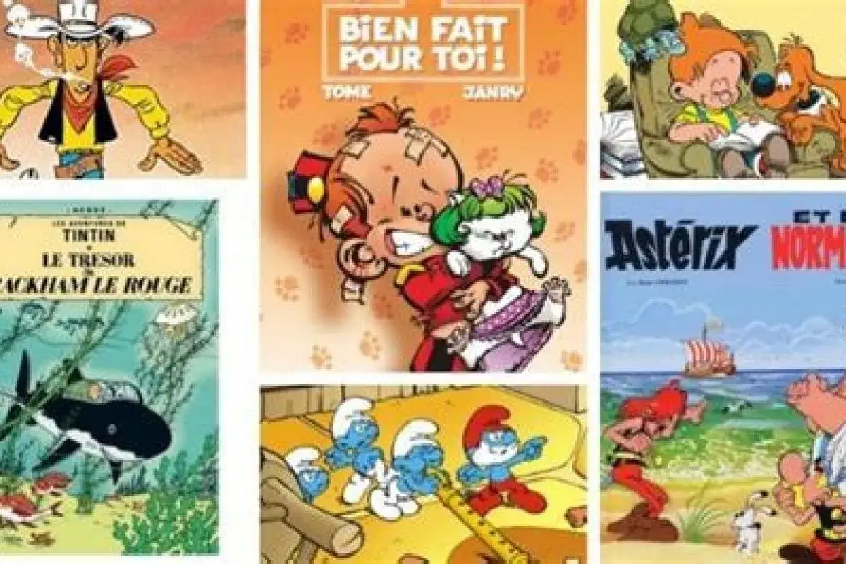 Collage de portadas de comic en franc&eacute;s: Lucky Luke, Tint&iacute;n, Titeuf, Ast&eacute;rix y Los Pitufos.