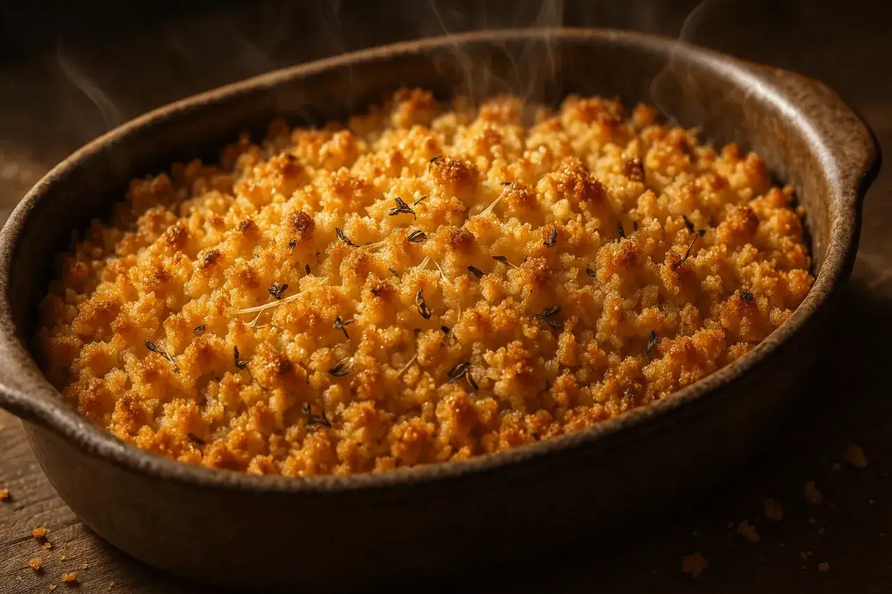 Un d&eacute;licieux crumble de l&eacute;gumes fumant, dor&eacute; et croustillant, garni de thym frais.